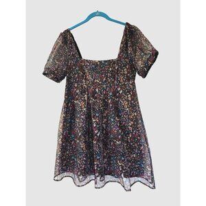 Womens M Dress Floral Dark Fairy Grunge Whimsigoth Organza Babydoll Puff Sleeve